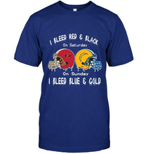 Load image into Gallery viewer, I bleed San Diego State Aztecs red &amp; black on saturday sunday I bleed Los Angeles Chargers gold &amp; blue shirt