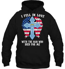 Load image into Gallery viewer, I fell in love with the man who died for me Los Angeles Chargers jesus cross wings shirt