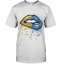Load image into Gallery viewer, Los Angeles Chargers and Los Angeles Dodgers glitter pattern sexy lips t shirt
