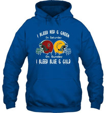 Load image into Gallery viewer, I bleed Stanford Cardinal red &amp; green on saturday sunday I bleed Los Angeles Chargers gold &amp; blue shirt