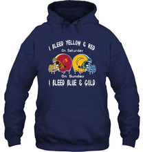 Load image into Gallery viewer, I bleed USC Trojans yellow &amp; red on saturday sunday I bleed Los Angeles Chargers gold &amp; blue shirt