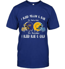 Load image into Gallery viewer, I bleed California Golden Bears yellow &amp; blue on saturday sunday I bleed Los Angeles Chargers gold &amp; blue shirt
