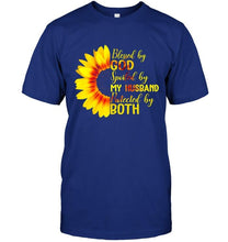 Load image into Gallery viewer, Blessed by God spoiled by my husband protected by both sunflower Black T Shirt